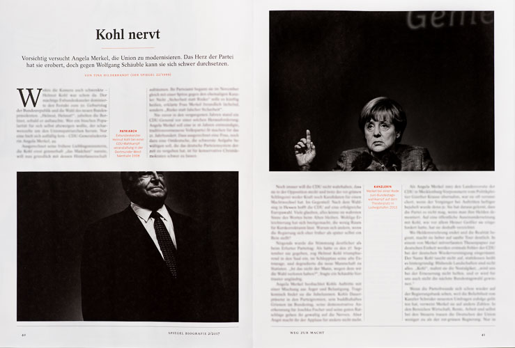 Biography about Angela Merkel with photographs about her and Helmut Kohl